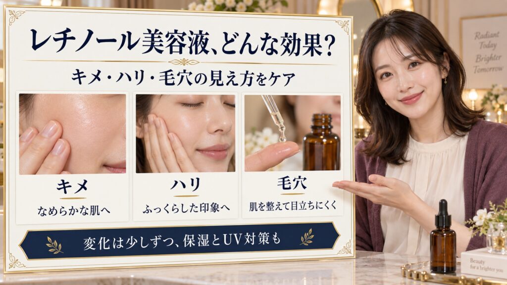 レチノール美容液の効果としてキメをなめらかな肌へ、ハリをふっくらした印象へ、毛穴を肌を整えて目立ちにくくするケアを紹介。変化は少しずつ、保湿とUV対策も。
