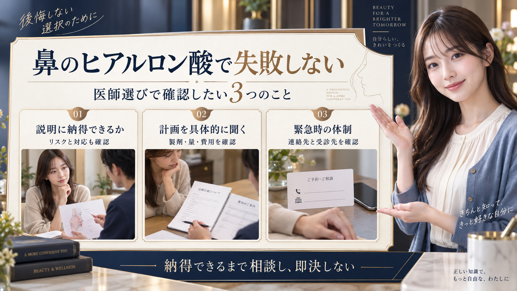 鼻のヒアルロン酸の医師選びで確認したいリスク説明、施術計画と費用、緊急時の連絡体制を示すアイキャッチ。
