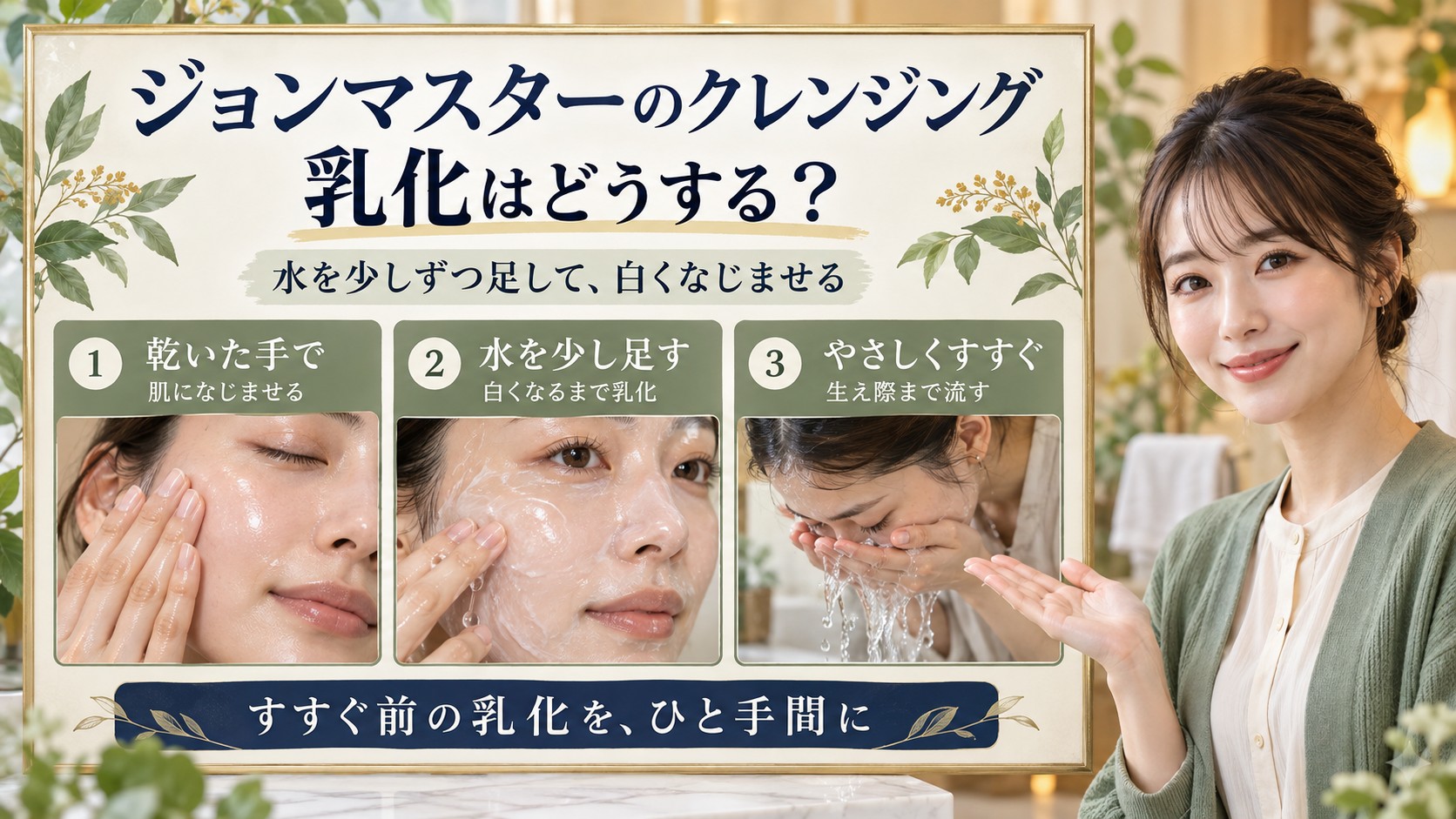 ジョンマスターのクレンジングは乾いた手でなじませ、水を少しずつ足して白く乳化させ、生え際までやさしくすすぐ。