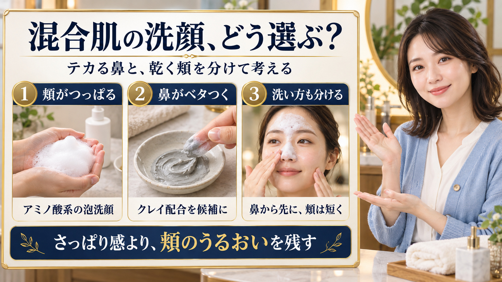 混合肌の乾く頬にはアミノ酸系泡洗顔、ベタつく鼻にはクレイ配合を候補とし、鼻から先に頬を短く洗う方法を示す写真ボード