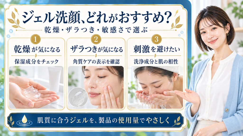 ジェル洗顔は乾燥なら保湿成分、ザラつきなら角質ケア表示、刺激を避けたい時は洗浄成分と肌の相性を確認して選ぶ