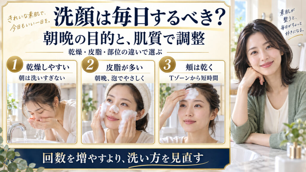 毎日の洗顔を乾燥しやすい肌、皮脂が多い肌、頬が乾く混合肌の3つで考え、朝晩の目的と洗い方を調整するボード