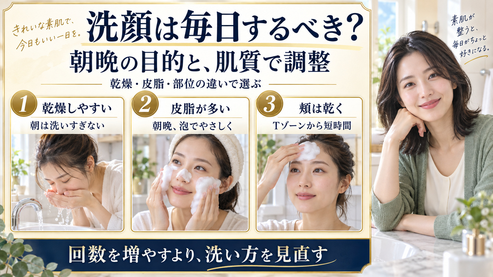 毎日の洗顔を乾燥しやすい肌、皮脂が多い肌、頬が乾く混合肌の3つで考え、朝晩の目的と洗い方を調整するボード
