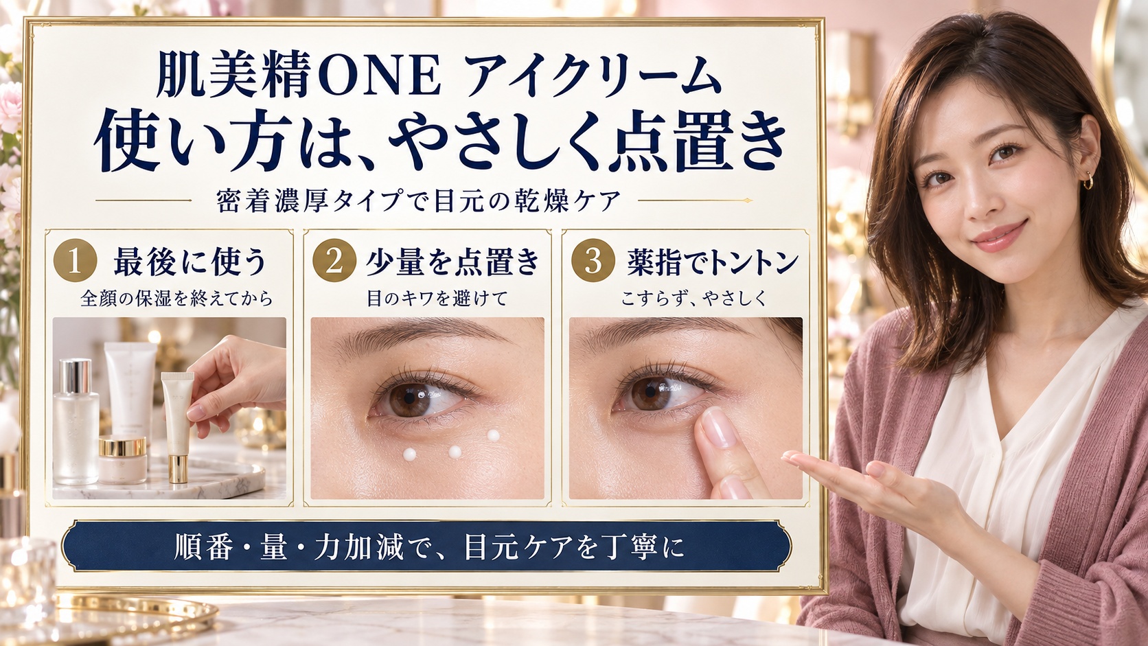 肌美精ONE密着濃厚アイクリームの使い方！目元乾燥小じわケア