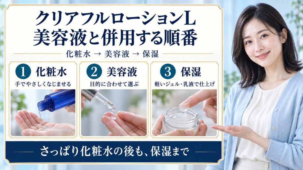 クリアフル ローションLの併用ガイド！美容液・保湿液との重ね方