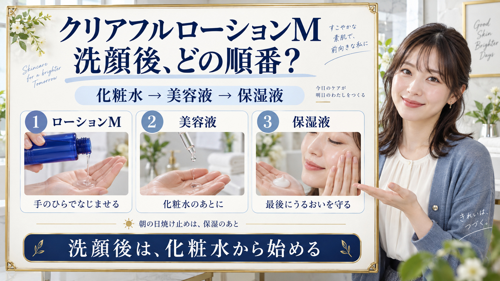クリアフル ローションMの順番は?洗顔後からの化粧水ステップ