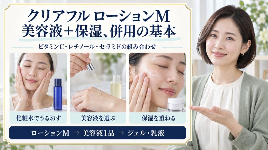 クリアフル ローションMの併用ガイド！保湿液や美容液との重ね方