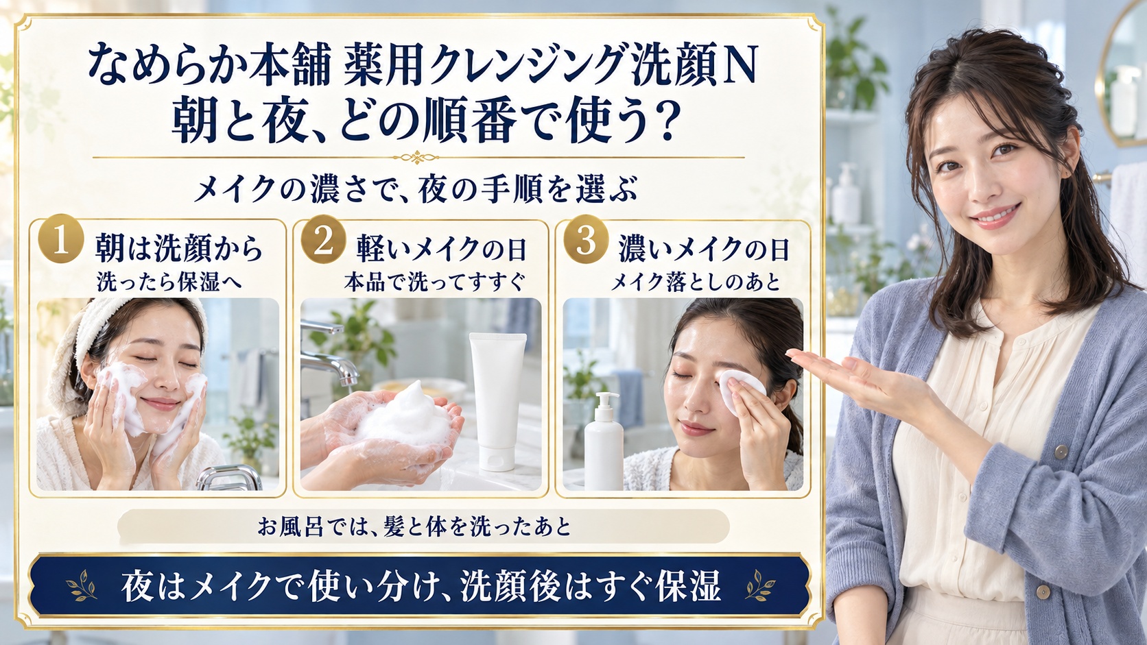 なめらか本舗薬用クレンジング洗顔Nの順番！夜と朝の正しい手順