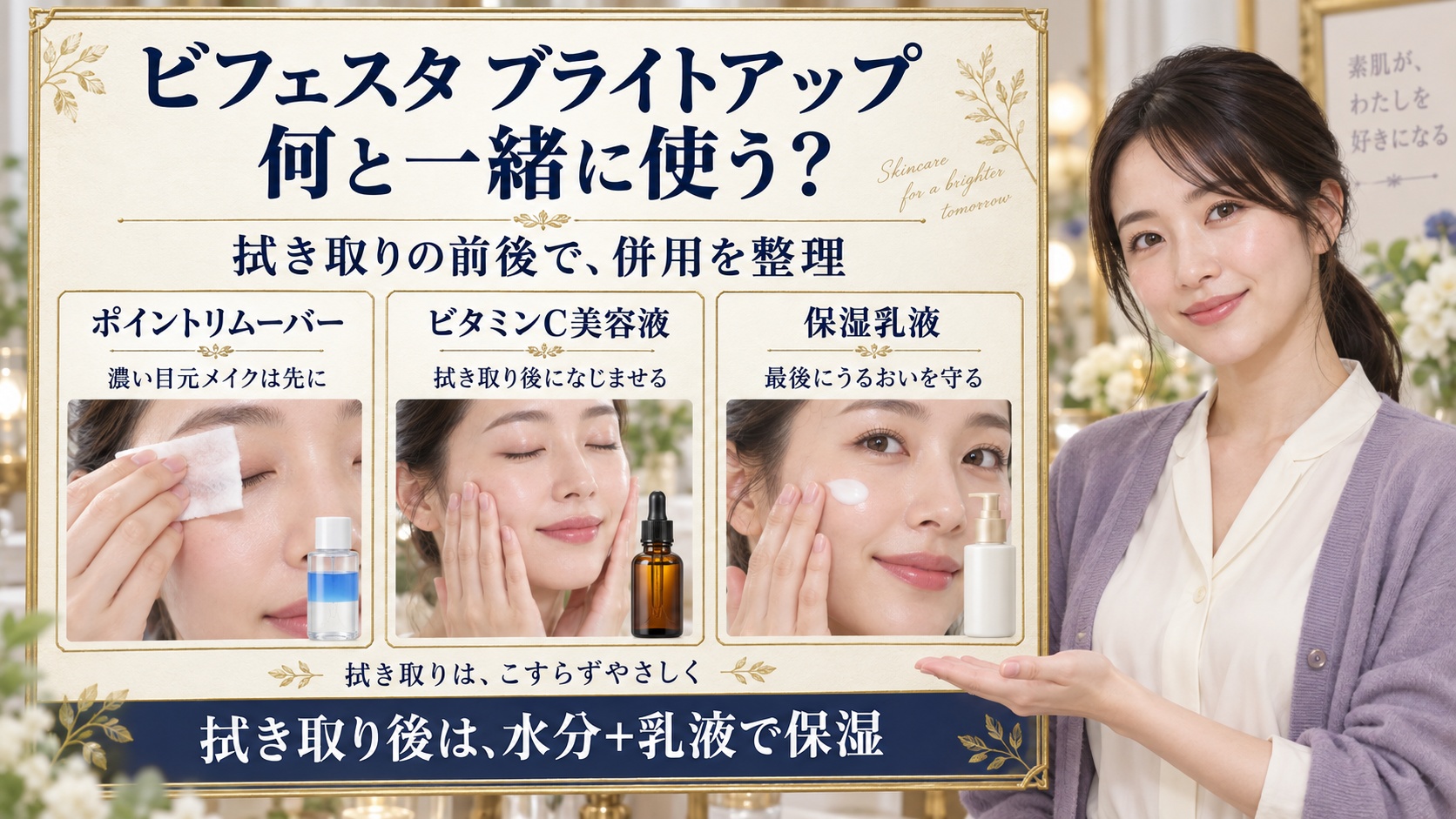 ビフェスタ水クレンジングブライトアップの併用術！相性の良いスキンケア