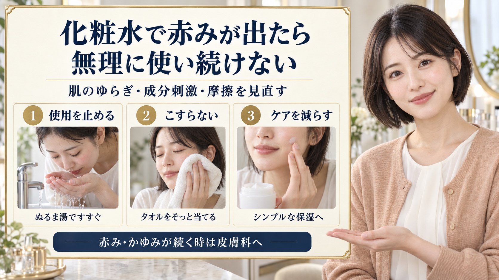 化粧水で赤みが出る原因と対策！肌荒れを防ぐ低刺激ケア手順