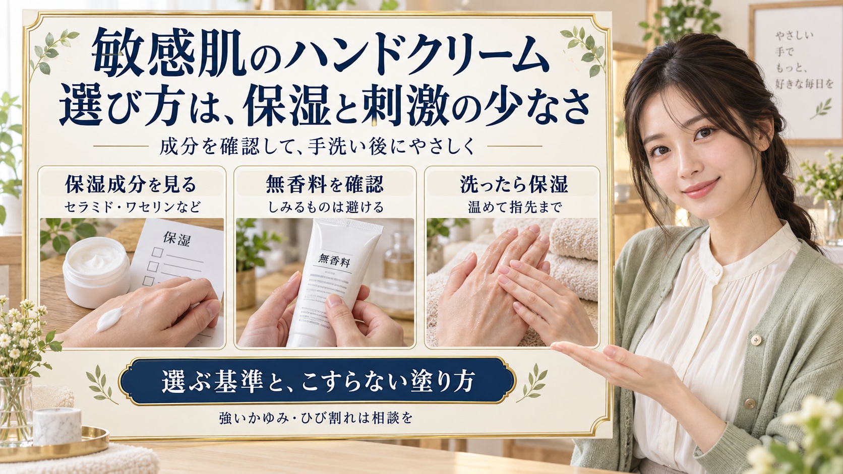 敏感肌のハンドクリームはどう選ぶ?手荒れを防ぐ低刺激成分と塗り方