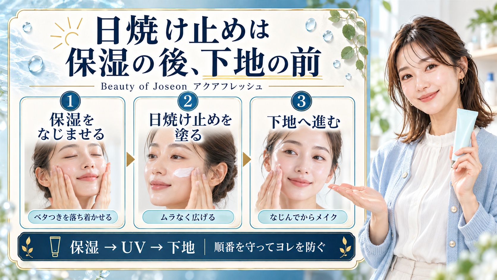 Beauty of Joseonアクアフレッシュは保湿の後、下地の前。保湿をなじませる、日焼け止めを塗る、下地へ進む朝の3手順。