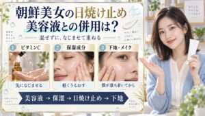 朝鮮美女アクアフレッシュと美容液の併用。ビタミンCを先になじませ、軽く保湿し、日焼け止めの膜が落ち着いてから下地を重ねる。