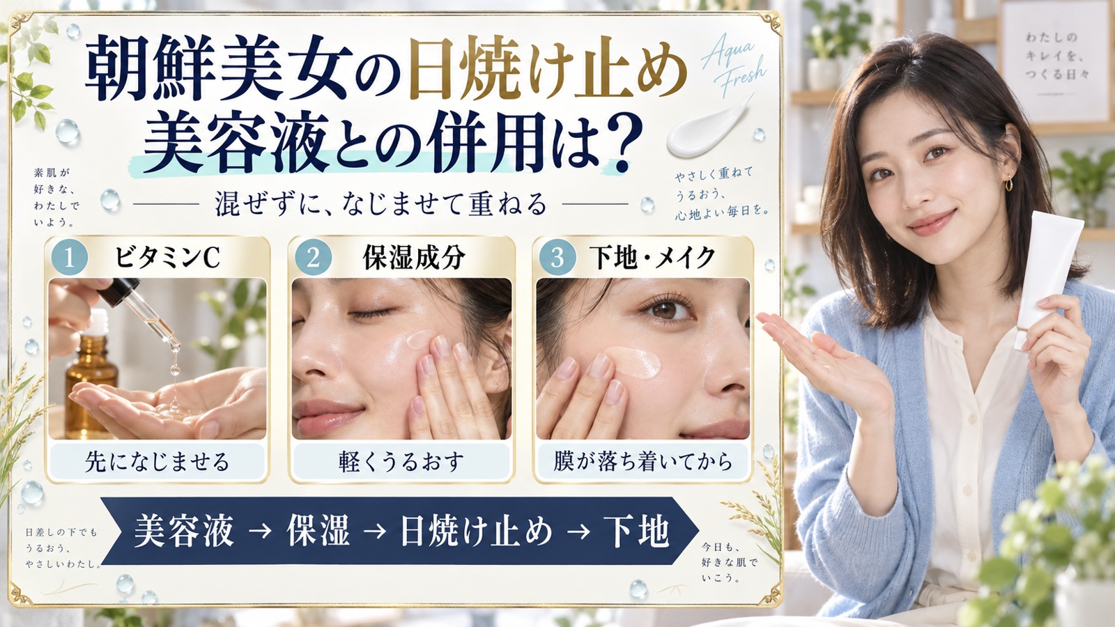 朝鮮美女アクアフレッシュと美容液の併用。ビタミンCを先になじませ、軽く保湿し、日焼け止めの膜が落ち着いてから下地を重ねる。