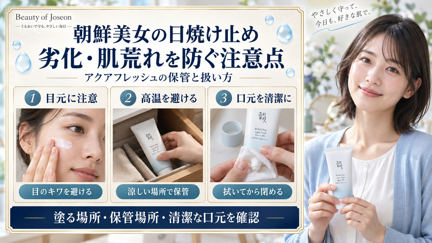 朝鮮美女アクアフレッシュの注意点。目のキワを避け、涼しい場所で保管し、容器の口元を清潔にする3つの扱い方