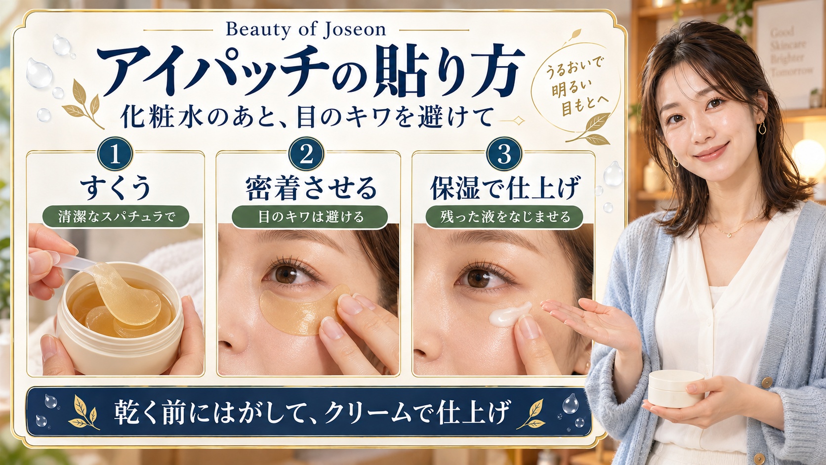 Beauty of Joseonアイパッチを清潔なスパチュラですくい、目のキワを避けて貼り、保湿で仕上げる3手順