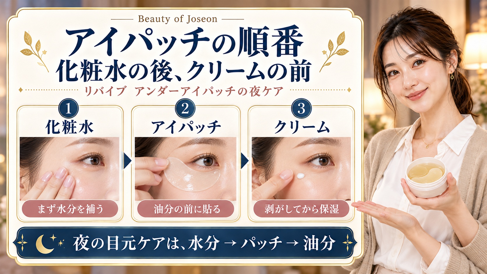 アイパッチの順番は化粧水の後、クリームの前。化粧水、アイパッチ、剥がしてクリームの3段階