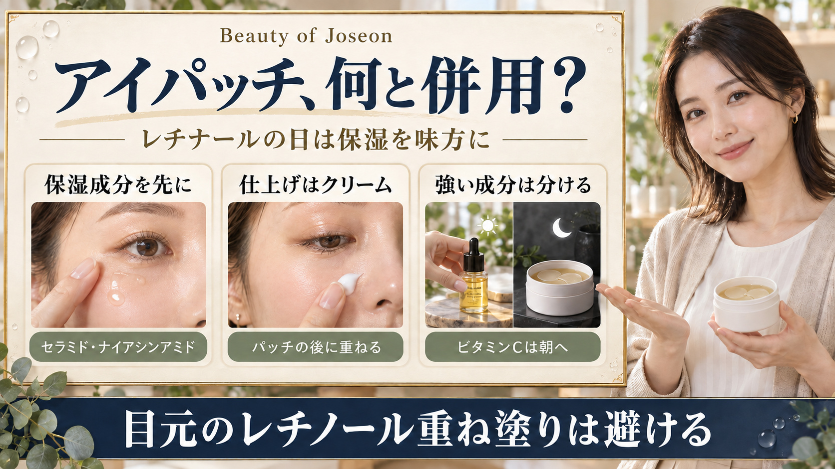 Beauty of Joseonアイパッチに保湿成分を先に使い、クリームはパッチ後、ビタミンCは朝へ分け、目元のレチノール重ね塗りを避ける