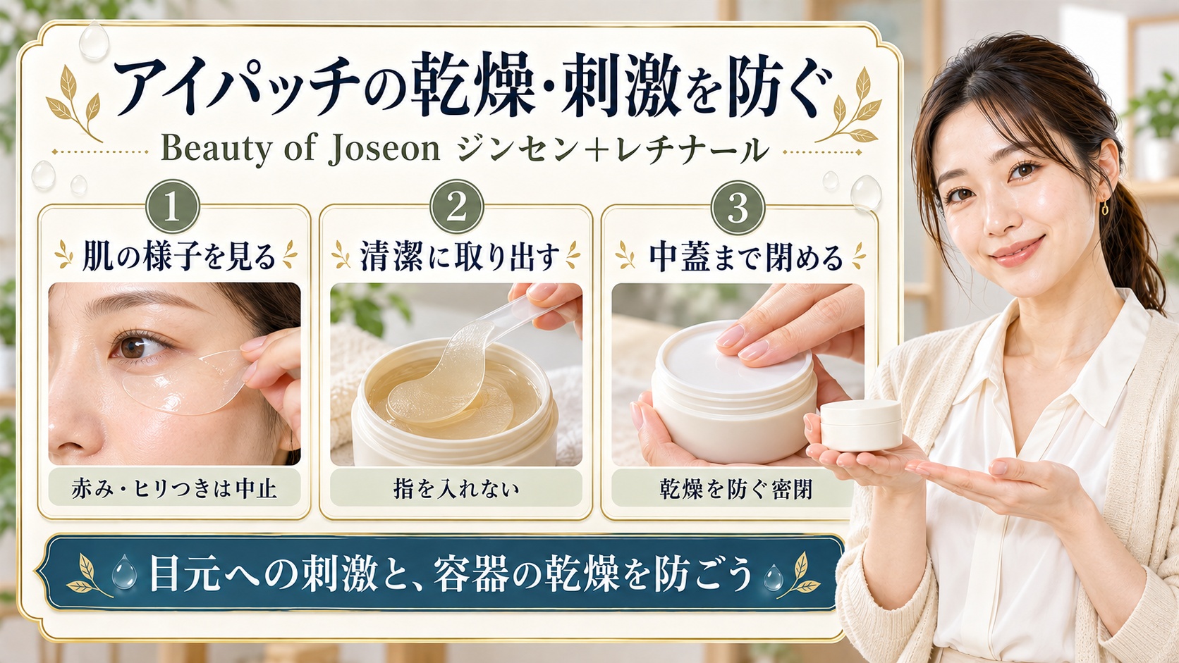 アイパッチの刺激時は中止し、清潔なスパチュラと中蓋の密閉で乾燥を防ぐ3つの注意点