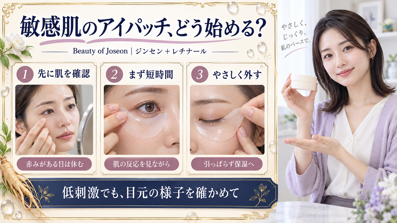 敏感肌のアイパッチは肌を確認し短時間から始めやさしく外す、低刺激でも目元の様子を確かめる