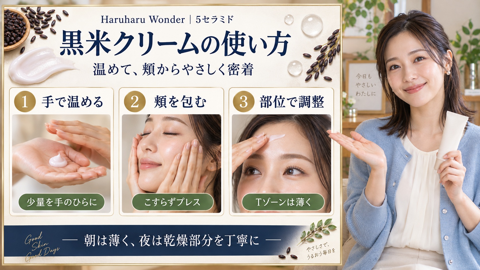 黒米クリームは手で温めて頬を包み、Tゾーンは薄く塗る。朝は薄く、夜は乾燥部分を丁寧に。