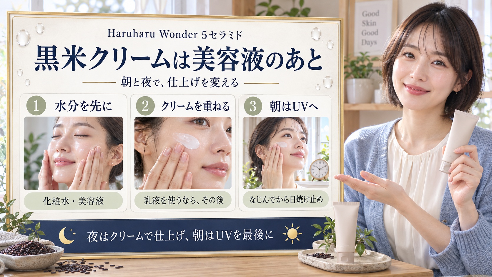 Haruharu Wonder黒米5セラミドクリームは化粧水と美容液のあと。夜はクリームで仕上げ、朝はなじませてから日焼け止め。