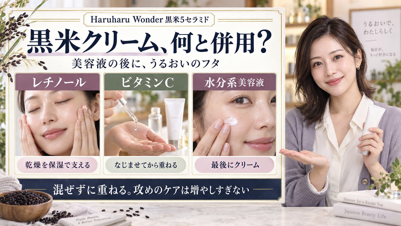 黒米5セラミドクリームとレチノール、ビタミンC、水分系美容液の併用。美容液の後に重ねて保湿する手順