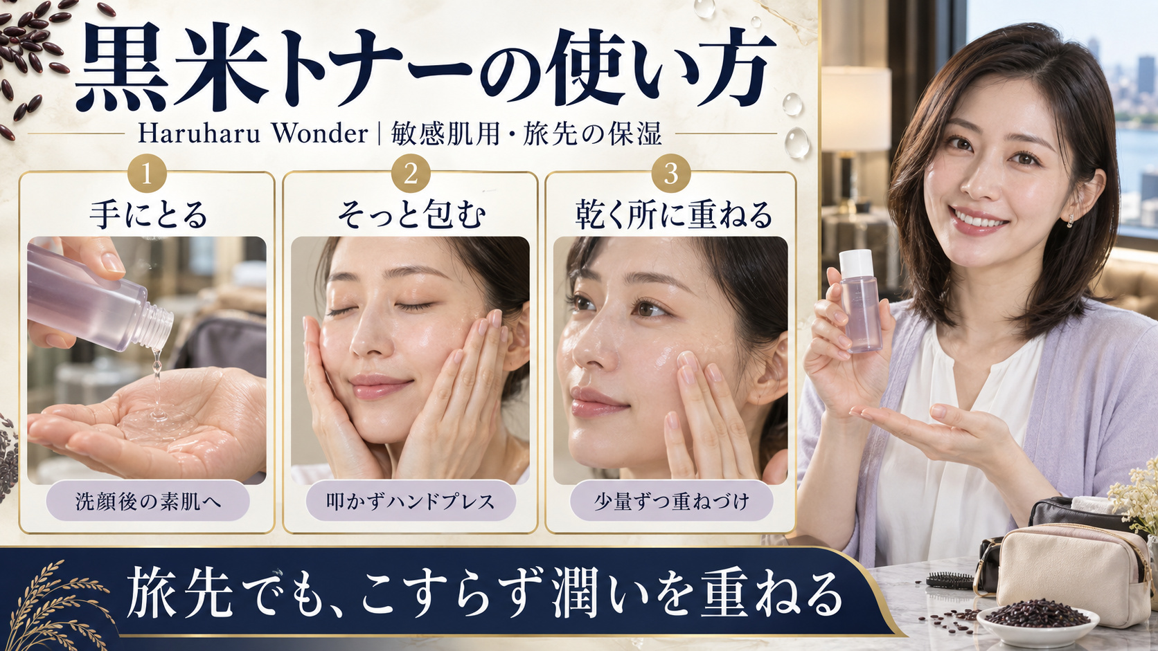 Haruharu Wonder敏感肌用黒米トナーを手にとり、そっと包み、乾く所に重ねる旅先の保湿手順