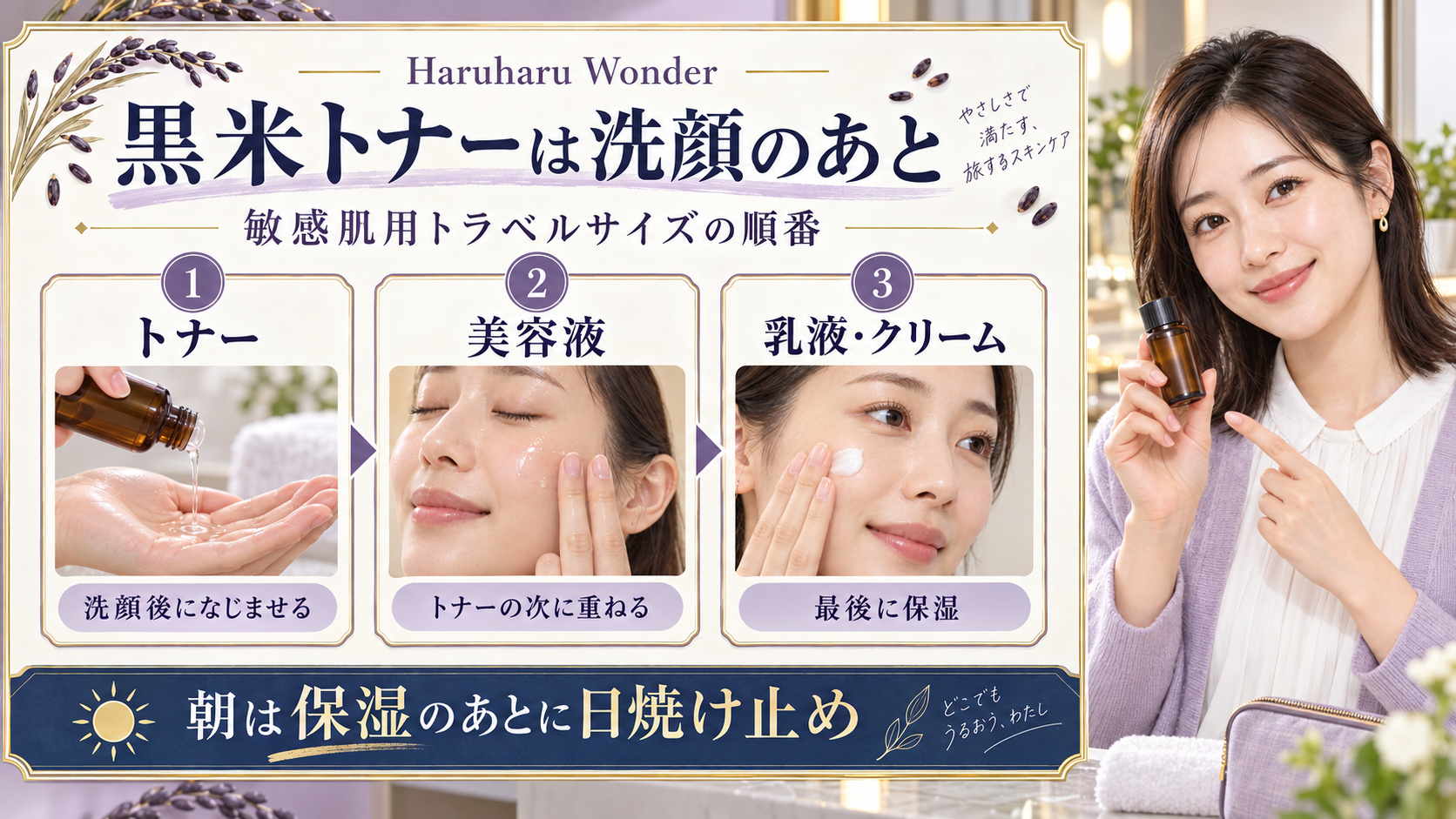 Haruharu Wonder敏感肌用黒米トナーは洗顔後、美容液、乳液やクリームの順。朝は保湿後に日焼け止め。