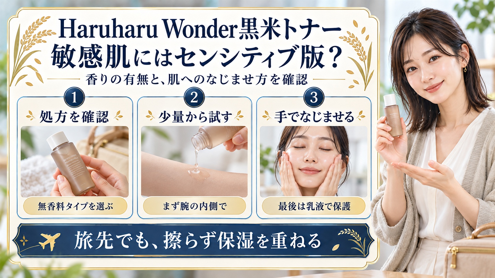Haruharu Wonder黒米トナーの敏感肌用処方を確認し、腕で少量を試して手でなじませる手順