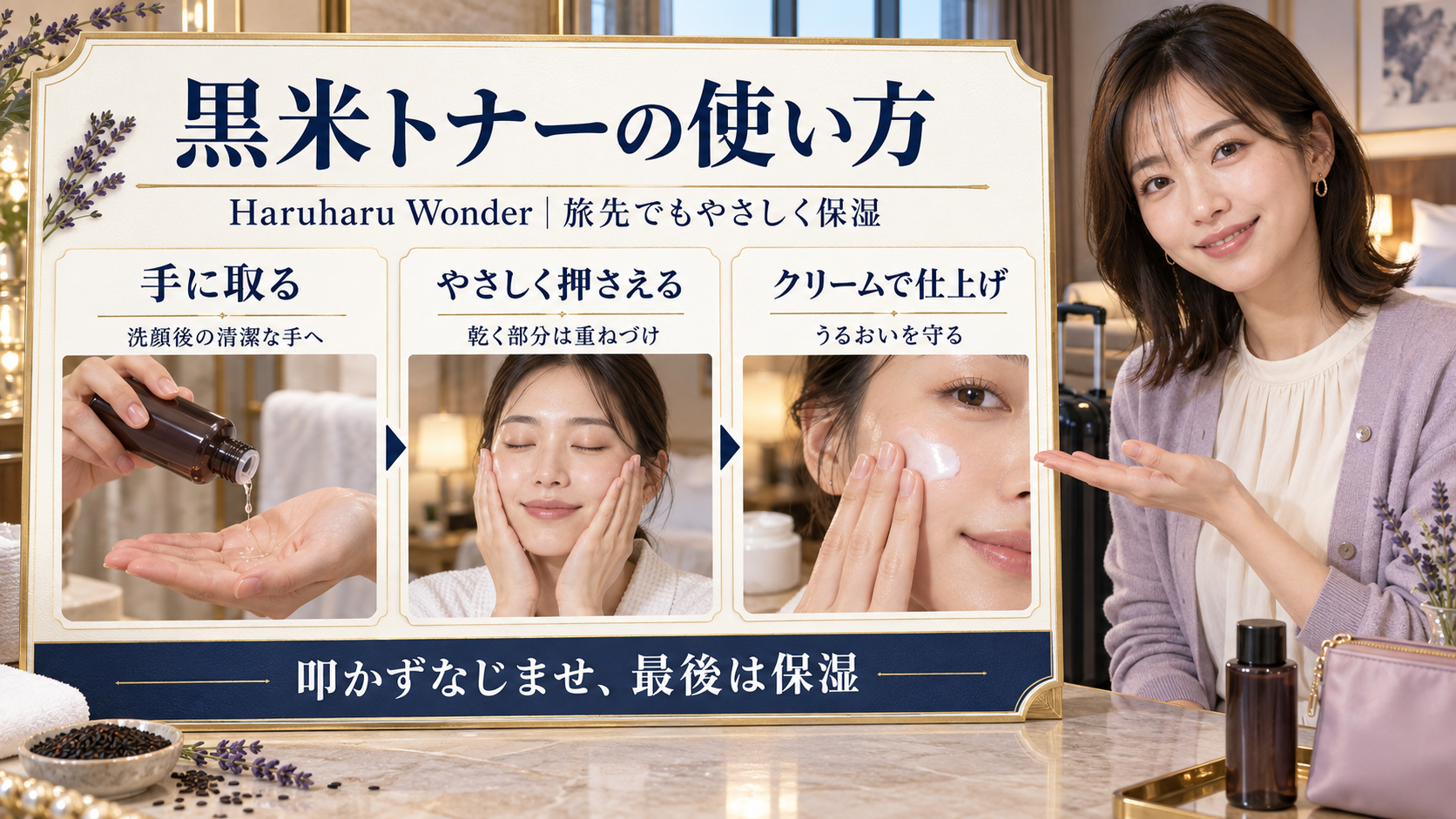 Haruharu Wonder黒米トナーを手に取り、やさしく押さえ、クリームで保湿する旅先の使い方