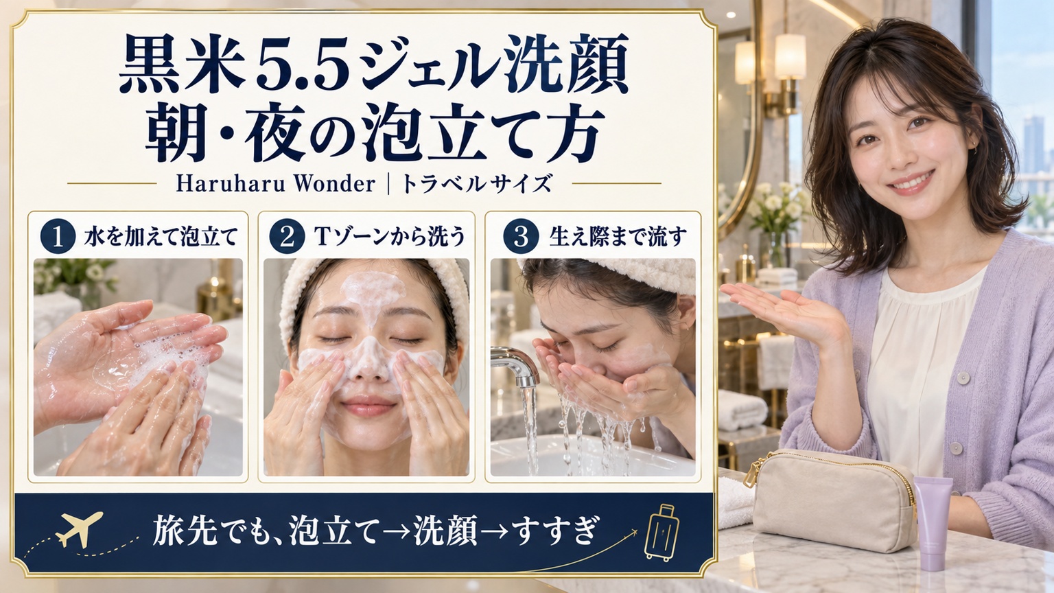 Haruharu Wonder黒米5.5ジェル洗顔の使い方。水を加えて泡立て、Tゾーンから洗い、生え際まですすぐ3手順