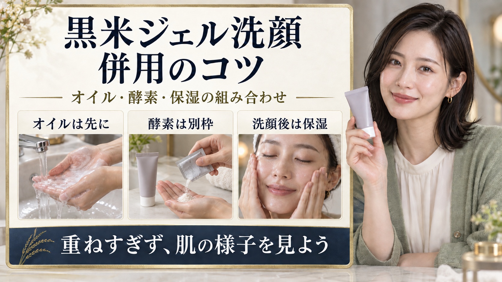 黒米ジェル洗顔の併用のコツ。オイルは先に、酵素は別枠、洗顔後は保湿。重ねすぎず肌の様子を見る。