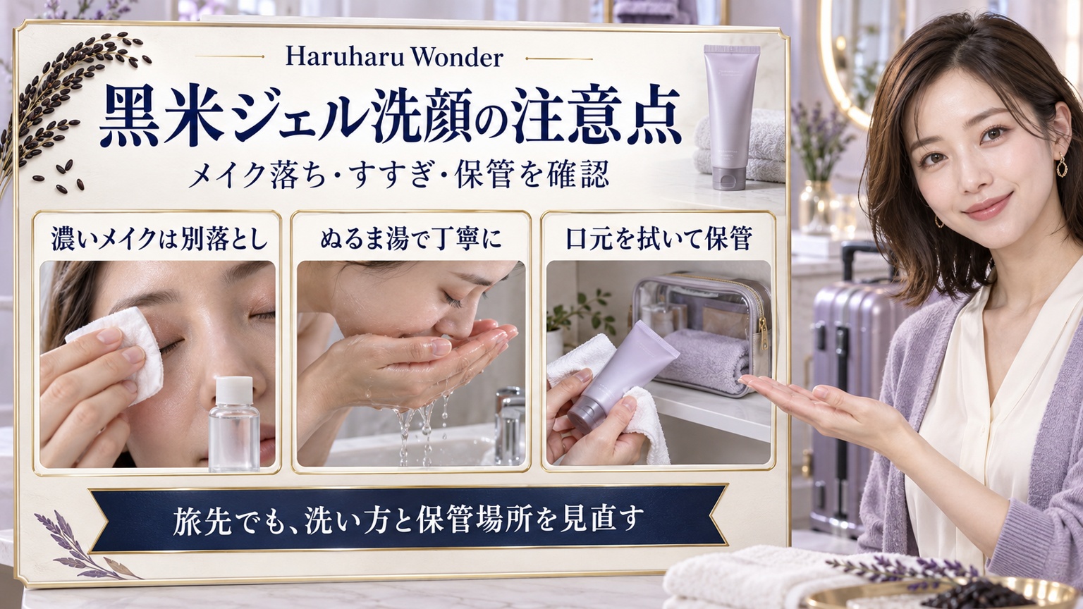 Haruharu Wonder黒米ジェル洗顔の注意点。濃いメイクは別落とし、ぬるま湯ですすぎ、使用後は口元を拭いて乾いた場所に保管。