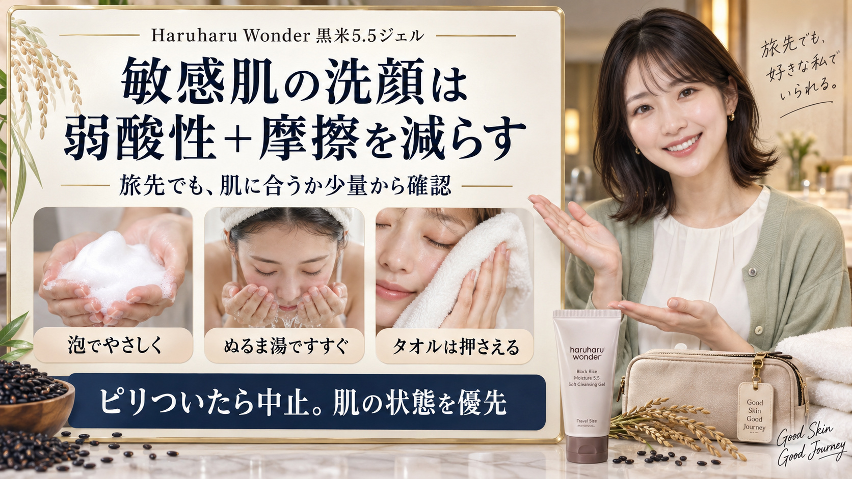 Haruharu Wonder黒米5.5ジェルの敏感肌向け洗顔。泡でやさしく、ぬるま湯ですすぎ、タオルは押さえる。ピリついたら中止。