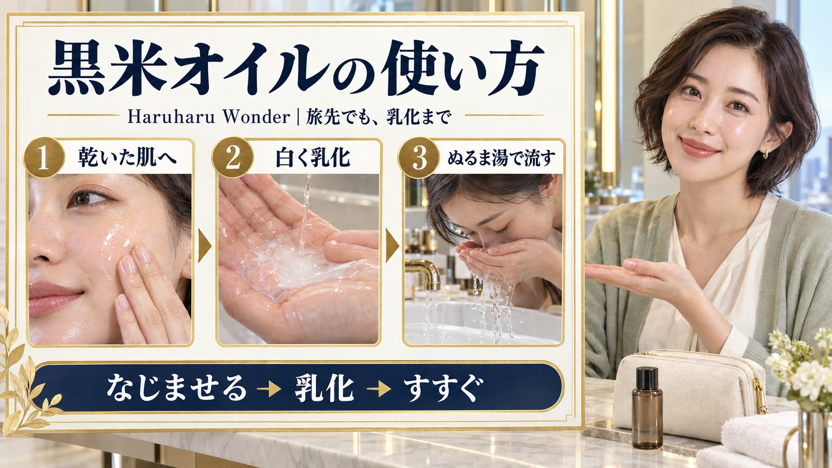 Haruharu Wonder黒米クレンジングオイルを乾いた肌になじませ、白く乳化させ、ぬるま湯で流す旅先の手順