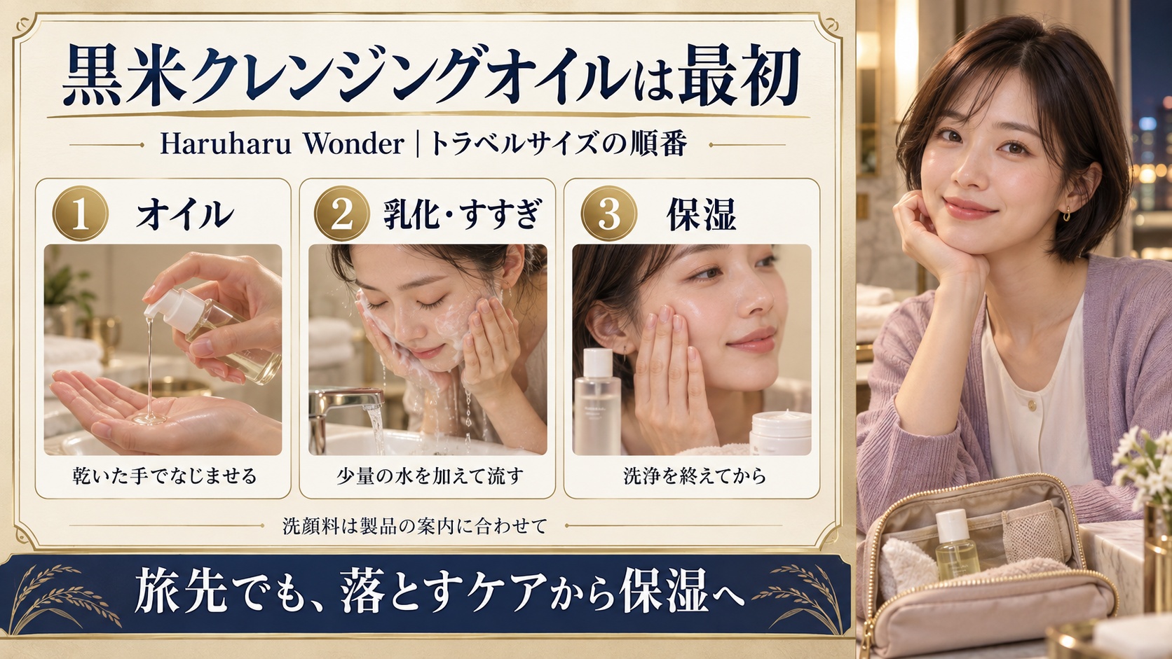 Haruharu Wonder黒米クレンジングオイルの順番。乾いた手でオイルをなじませ、乳化してすすぎ、洗浄を終えてから保湿へ進む。