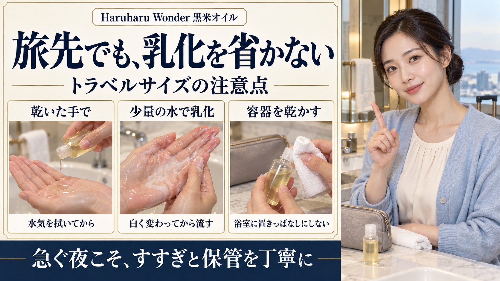 旅先でも乳化を省かない。乾いた手で使い、少量の水で乳化し、容器を乾かして保管する黒米オイルの注意点