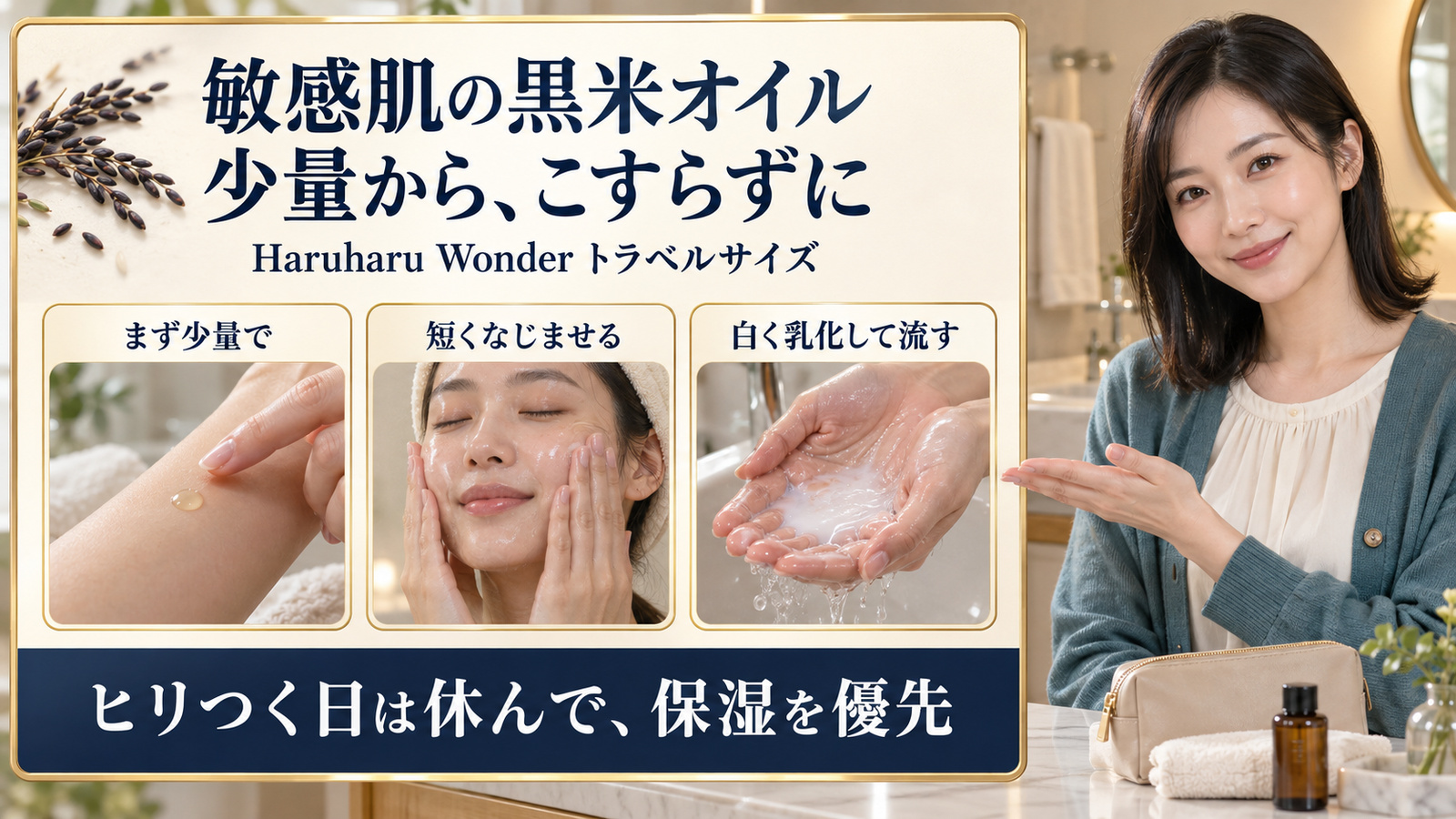 Haruharu Wonder黒米クレンジングオイルの敏感肌ケア。少量で試し、短くなじませ、白く乳化して流す。ヒリつく日は休んで保湿を優先。