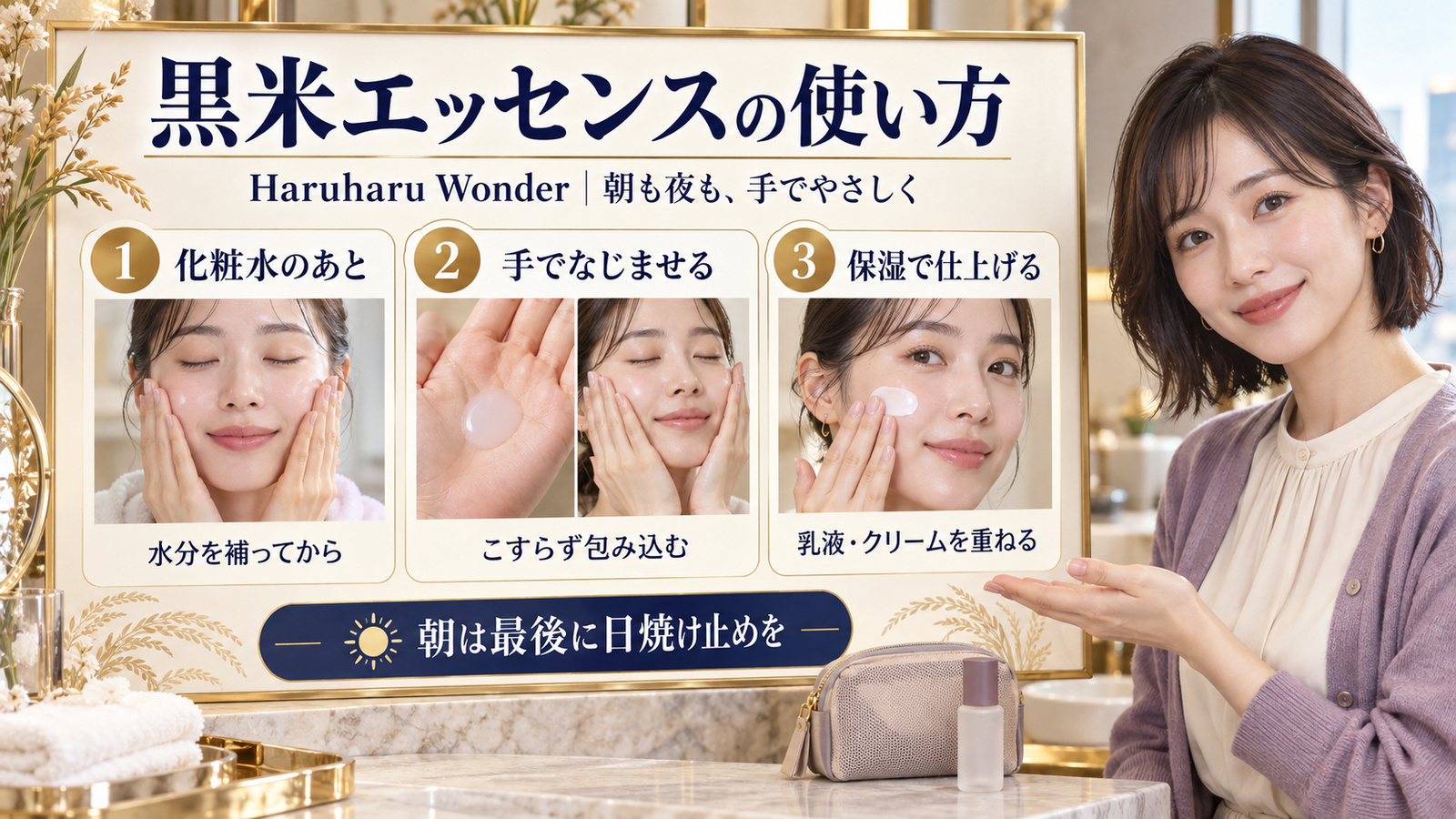 Haruharu Wonder黒米エッセンスの使い方。化粧水のあと手でなじませ、乳液・クリームを重ね、朝は最後に日焼け止めを。