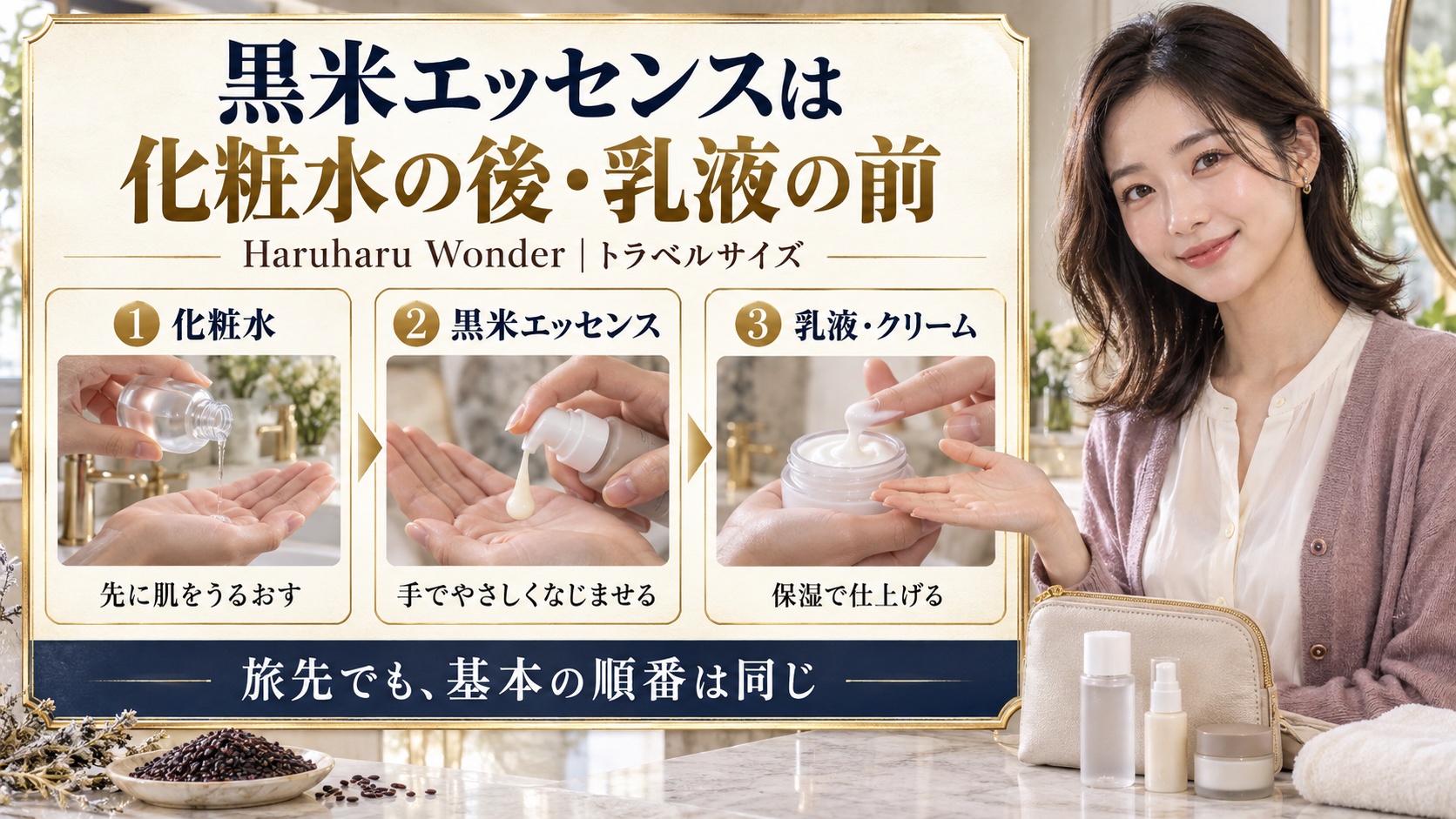 黒米エッセンスは化粧水の後、乳液の前。旅先でも基本の順番は同じ