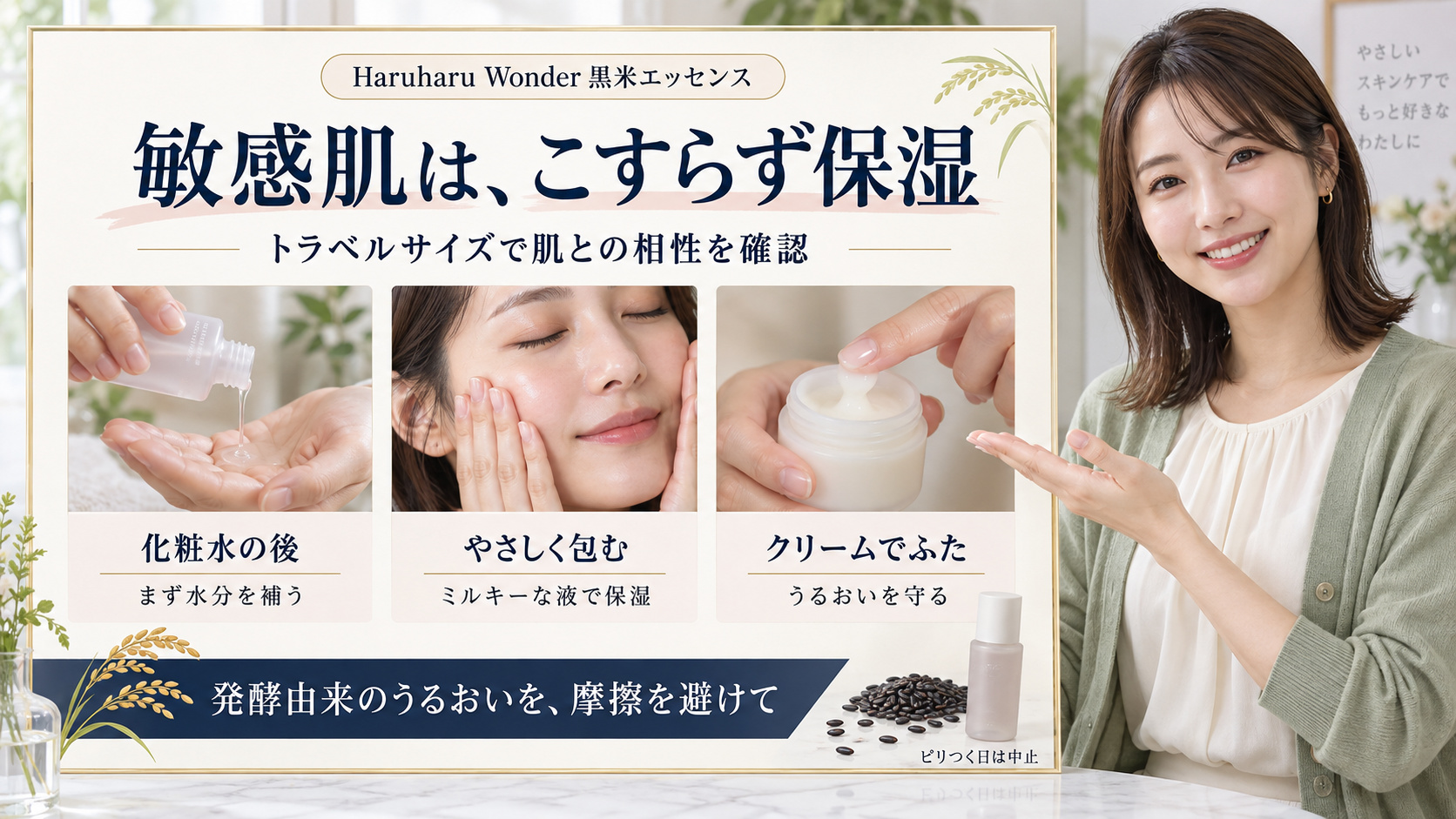 Haruharu Wonder黒米エッセンストラベルサイズの敏感肌向け保湿。化粧水の後にやさしく包み、クリームでうるおいを守る。