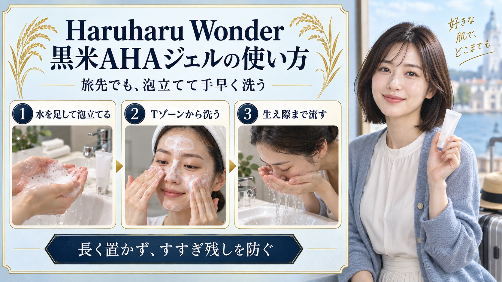 Haruharu Wonder黒米AHAジェルを水で泡立てTゾーンから洗い生え際まで流す旅先の洗顔手順