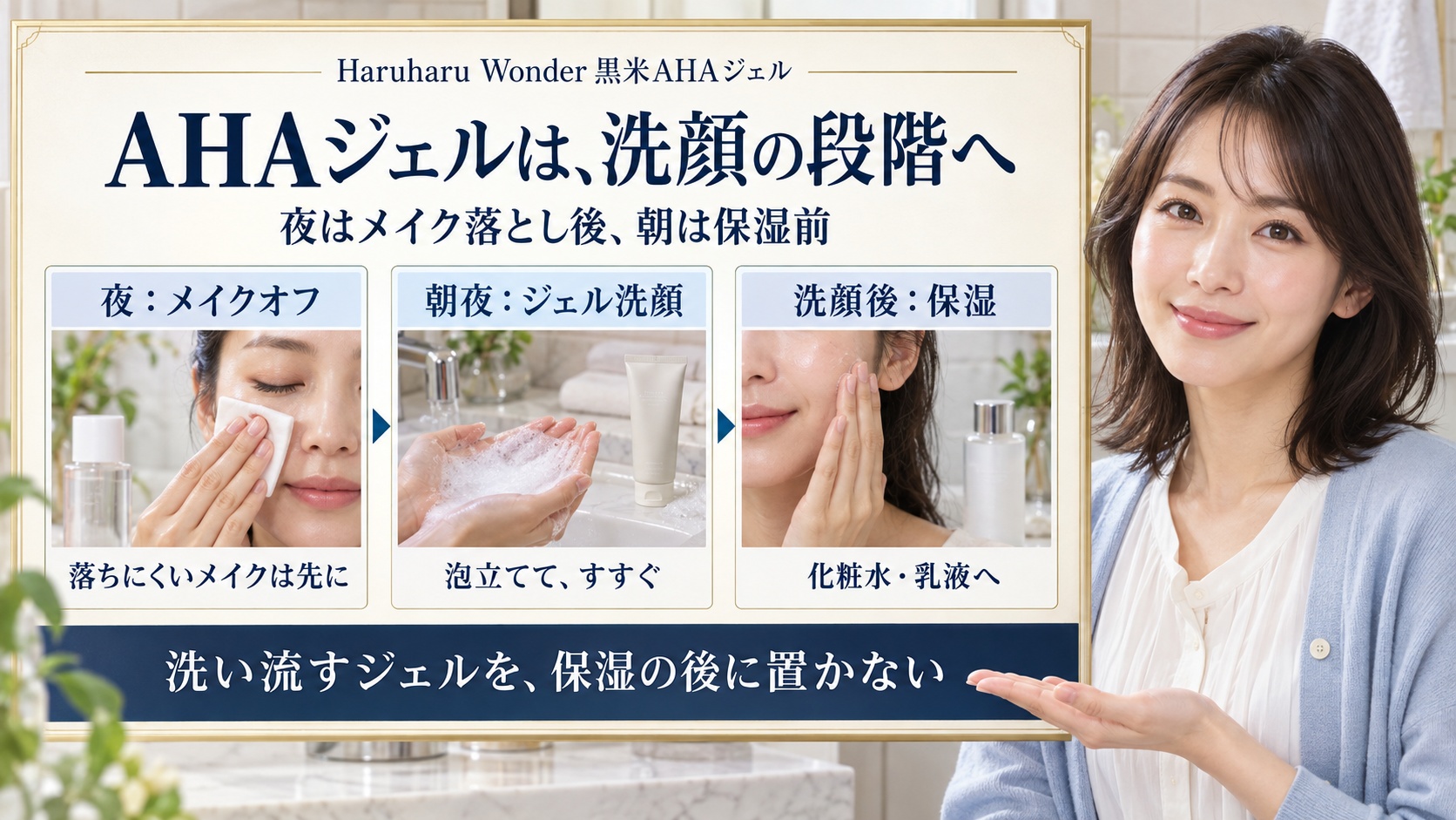 Haruharu Wonder黒米AHAジェルの順番。必要なメイク落としの後にジェル洗顔を行い、すすいでから化粧水と乳液で保湿する。