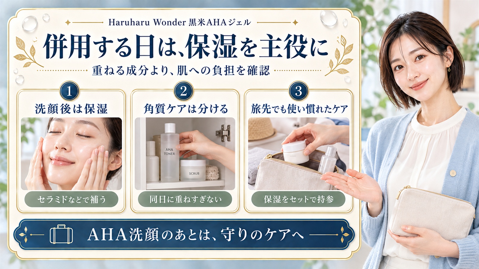 Haruharu Wonder黒米AHAジェルの併用。洗顔後は保湿、角質ケアは分け、旅先にも使い慣れた保湿を持参。