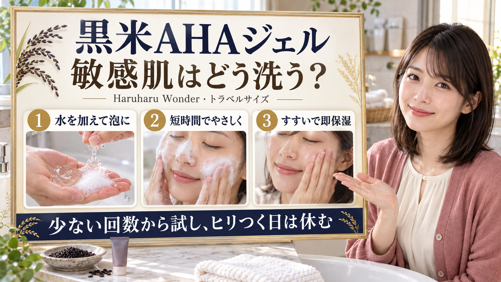 Haruharu Wonder黒米AHAジェルの敏感肌洗顔。水を加えて泡にし、短時間でやさしく洗い、すすいで即保湿。少ない回数から試し、ヒリつく日は休む。