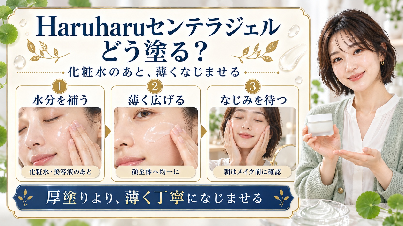 Haruharuセンテラジェルを化粧水のあとに薄く広げ、朝はメイク前になじみを確かめる手順