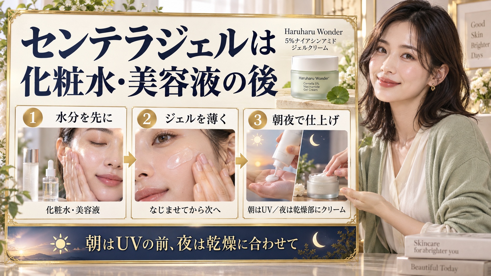 センテラジェルは化粧水・美容液の後。朝はUVの前、夜は乾燥に合わせてクリームを重ねる手順