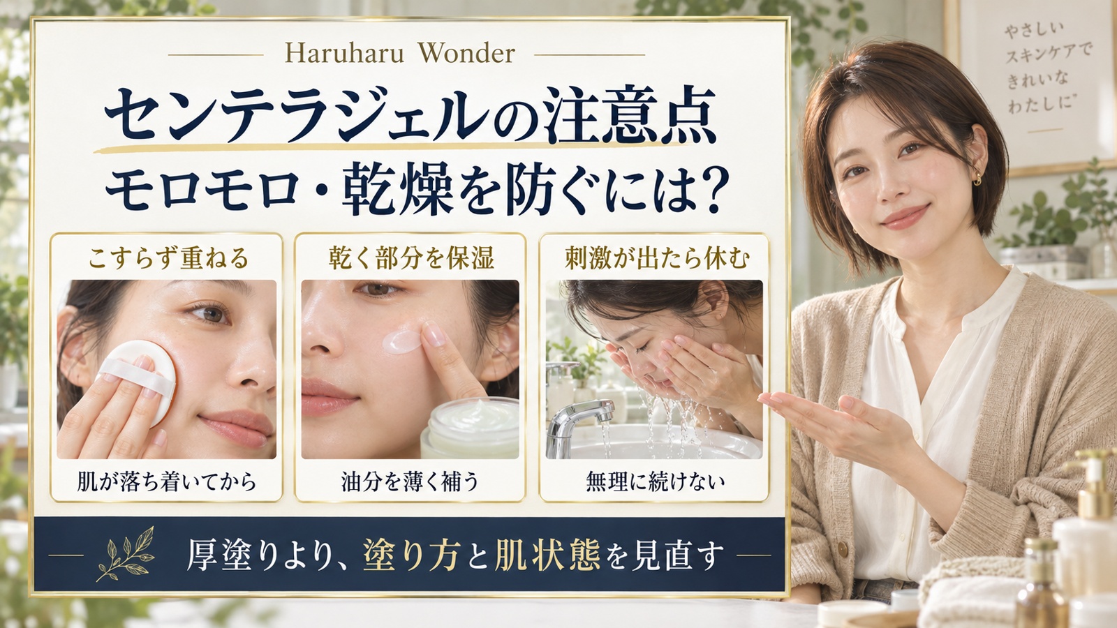 Haruharuセンテラジェルの注意点：こすらず重ねる、乾く部分を保湿、刺激が出たら休む