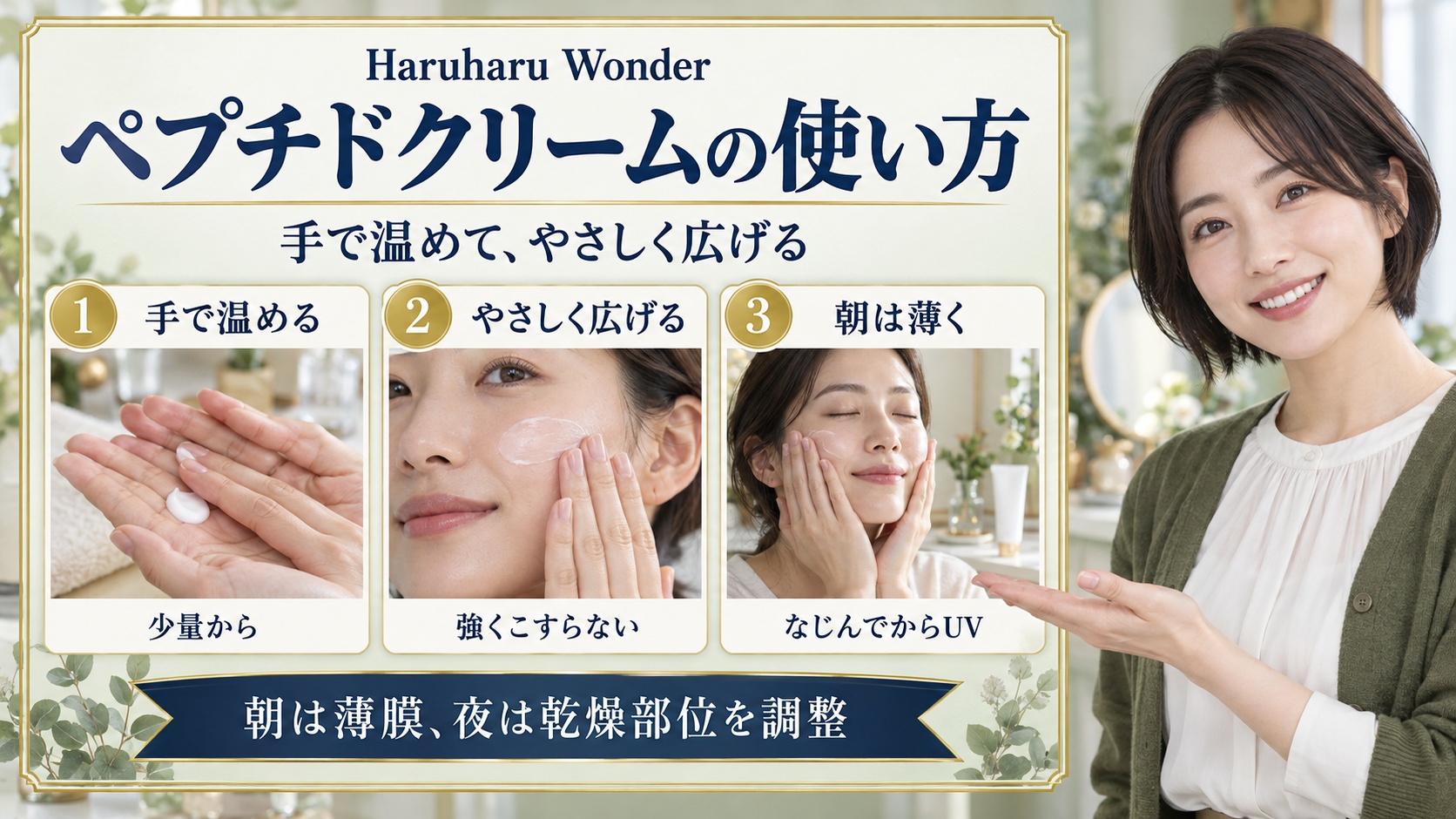Haruharu Wonderペプチドクリームを手で温めやさしく広げ朝は薄く塗る手順